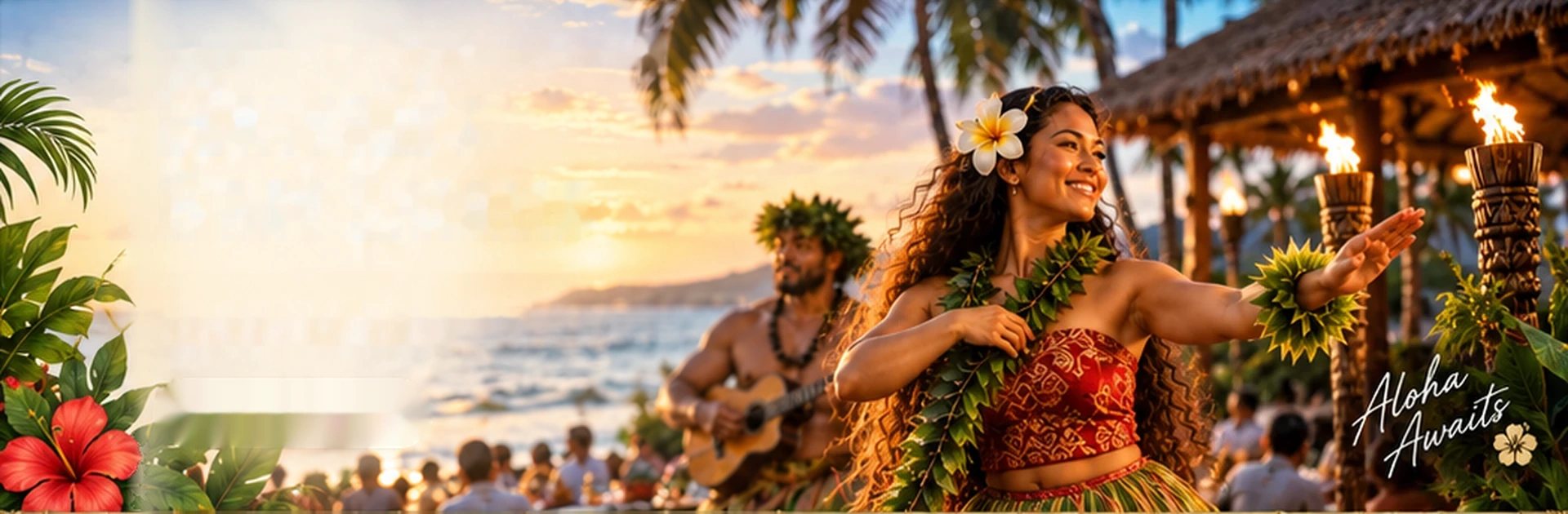 A hula dancer sharing a sunset performance with musicians beside the ocean