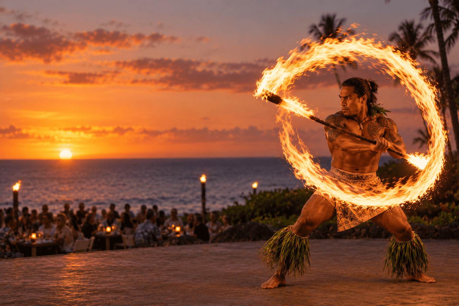 A colorful Hawaiian luau performance