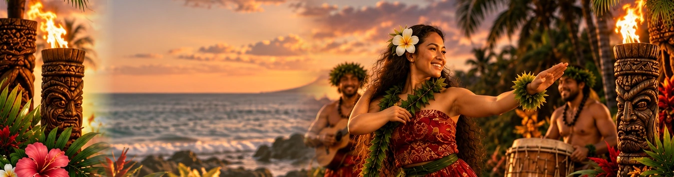 A hula dancer sharing a sunset performance with musicians beside the ocean